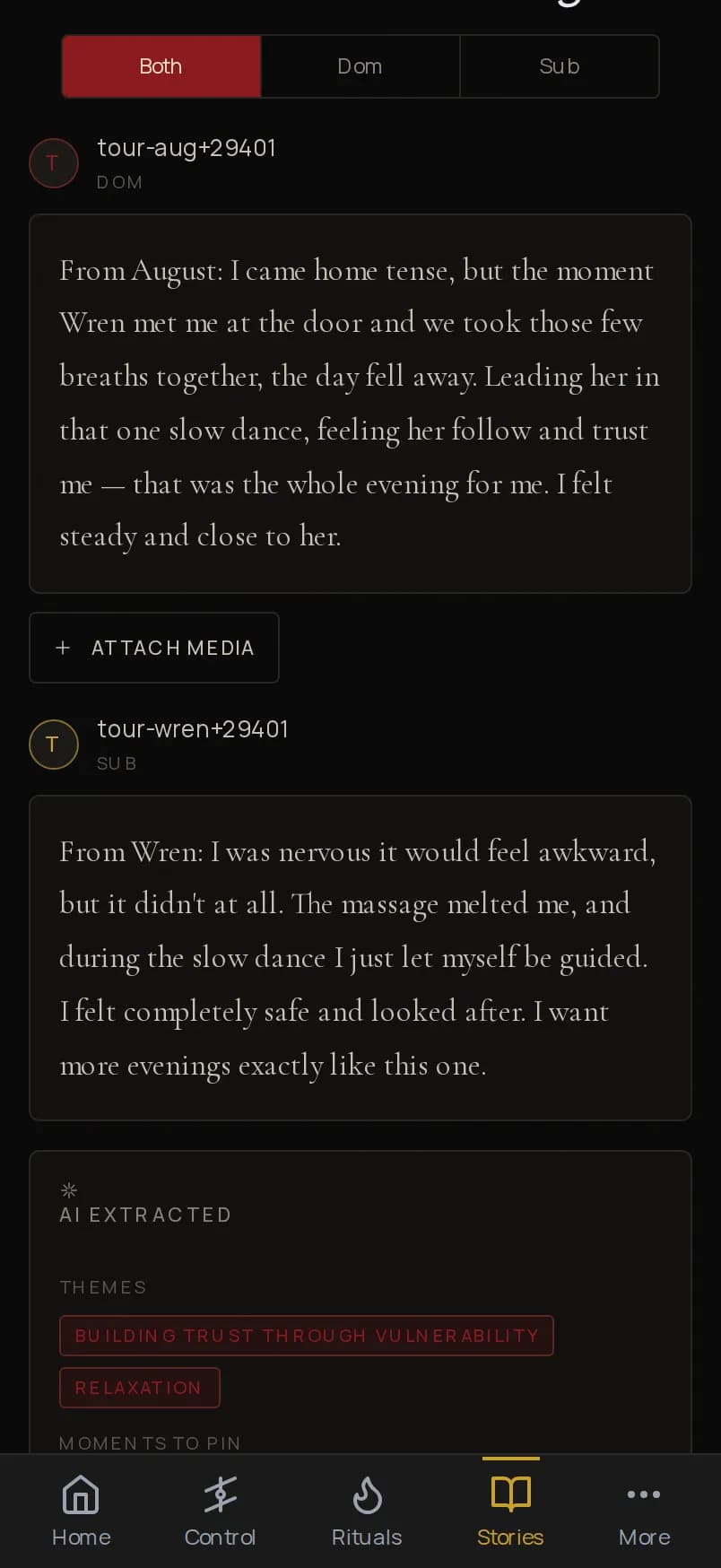 The Velvet Claim story journal screen on a phone, showing an experience entry with extracted moments.