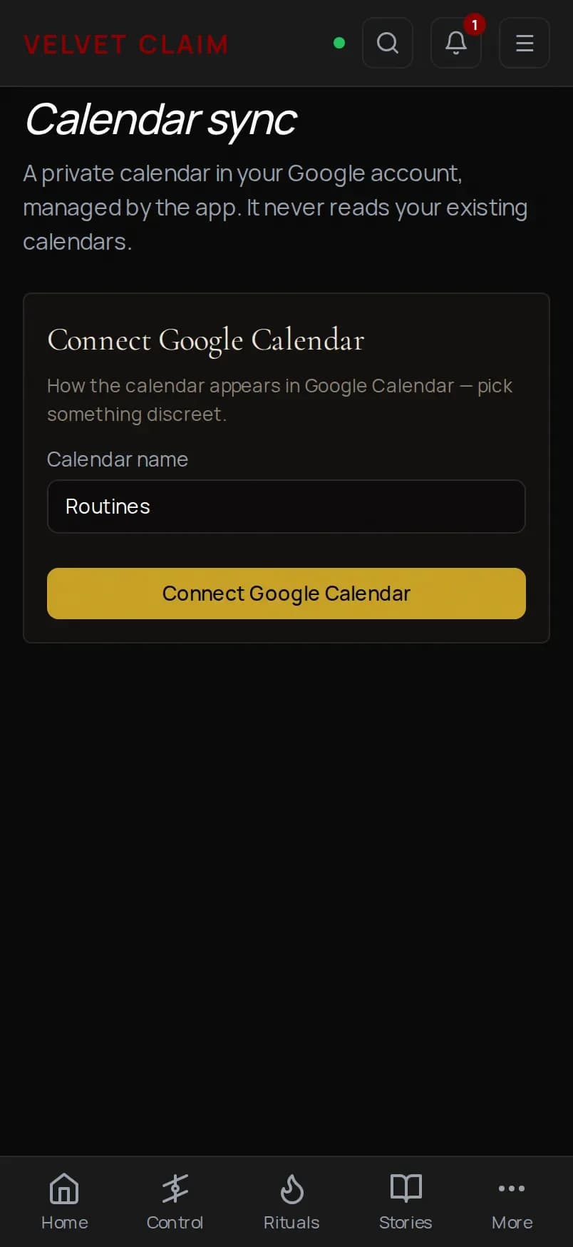 The Velvet Claim calendar sync screen on a phone, showing protocols and rituals synced to a calendar.
