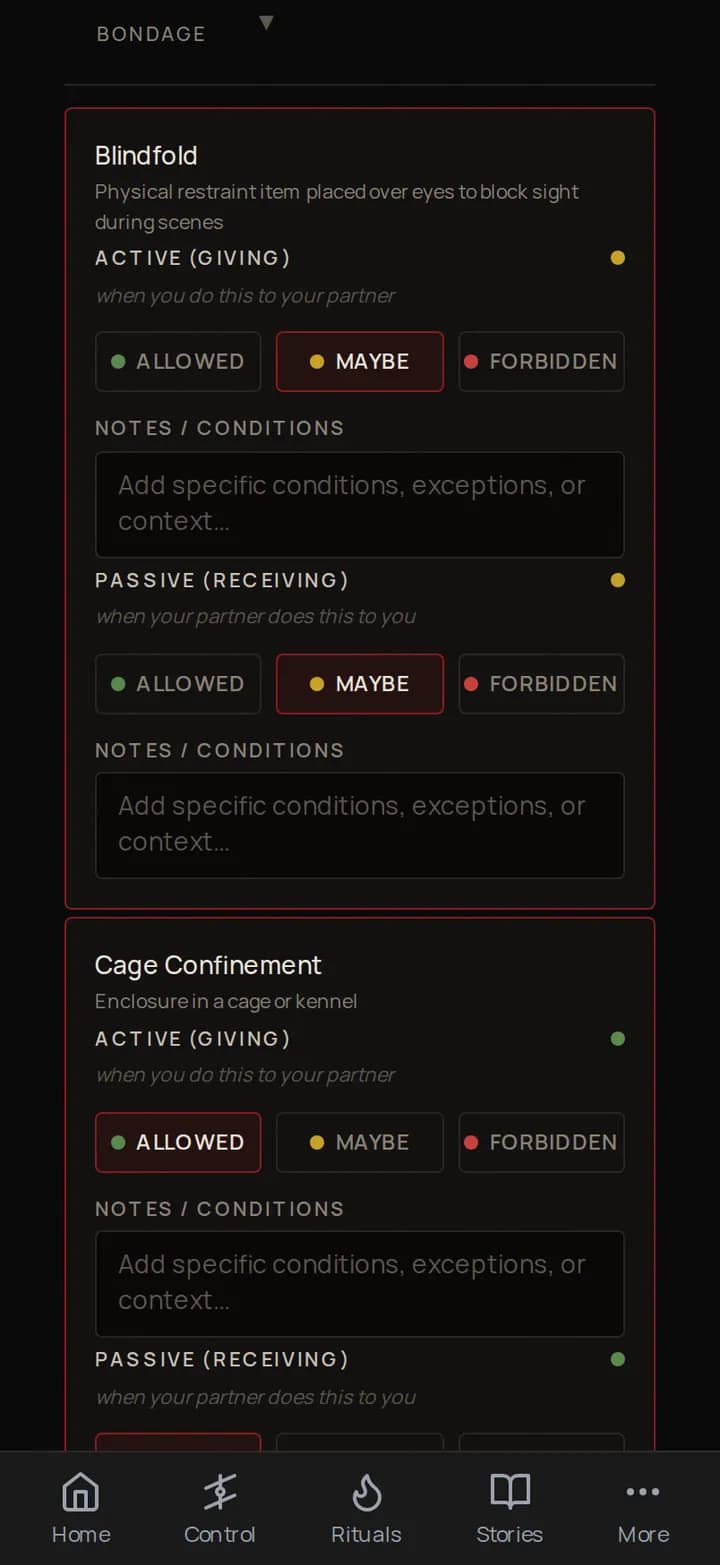 The Velvet Claim consent & limits matrix on a phone, rating a category for giving and receiving.